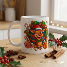 Caneca de café natalina com Rena 3D fofa