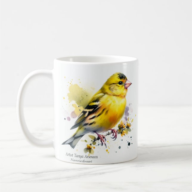 Caneca De Café Natureza Amarelo Ave Aquarela (Esquerda)