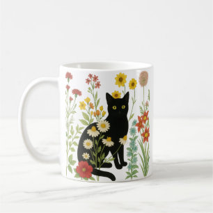Caneca De Café Natureza Botânica – Gato Preto no Jardim de Flores