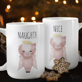 Caneca De Café Naughty or Nice Cute Holiday Angel Pig Cartoon