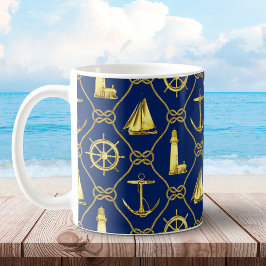 Caneca De Café Náutica Marinho Clássica - Números Azuis e Dourado