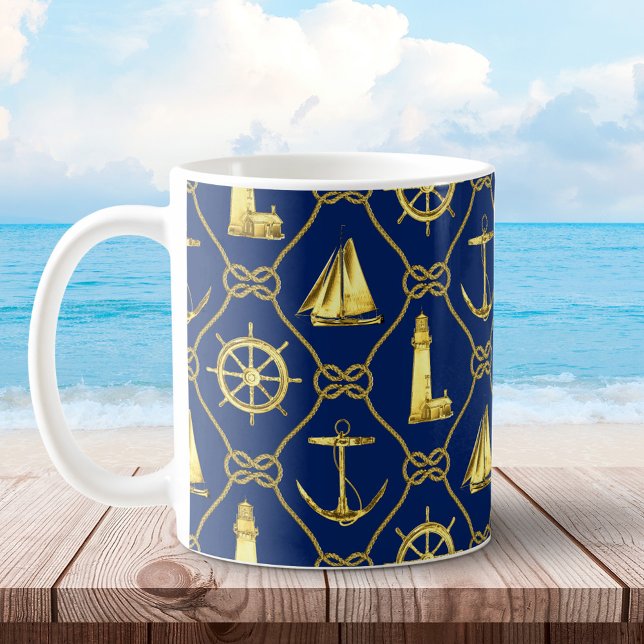 Caneca De Café Náutica Marinho Clássica - Números Azuis e Dourado (Criador carregado)