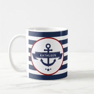 Caneca De Café Náutica Nome da Âncora Marinho Blue Stripes