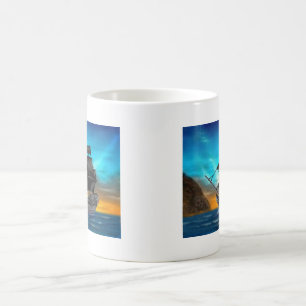 CANECA DE CAFÉ NAVIO DE PIRATA NO POR DO SOL