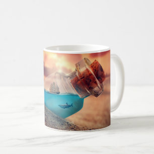 Caneca De Café Navio e tubarão na garrafa