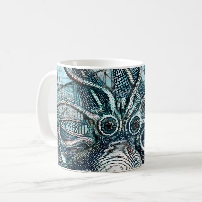 Caneca De Café Navio gigante Octopus Blue Sea Monster (Frente Esquerda)