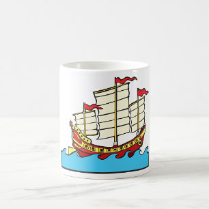 Caneca De Café Navio Tradicional Vermelho da China em Ondas Azuis