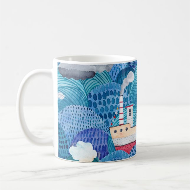Caneca De Café Navios e Faróis: Aquarela Infantil (Esquerda)