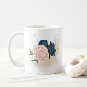 Caneca De Café navy e flores rosa blush folhagem