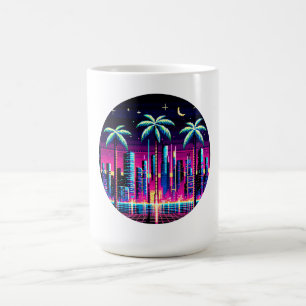 Caneca De Café Neon Pixel Palm Trees - Cyberpunk Night Art