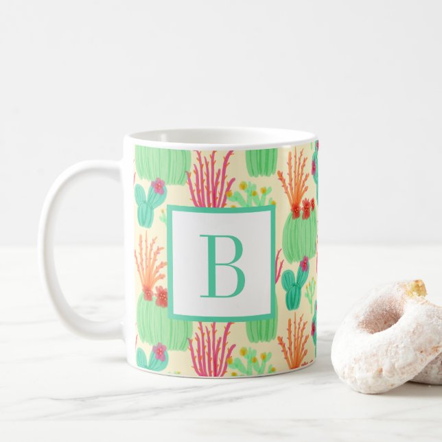 Caneca De Café Neon Prickly Pear Ocotillo Cactus Desert Initial (Com Donut)