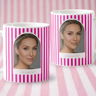Caneca De Café Neon Rosa Listras Brancas Personalizado Foto Nome 