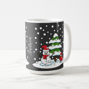 Caneca De Café Neve no Cardeal, Snowman e Pine Tree   Adicionar n