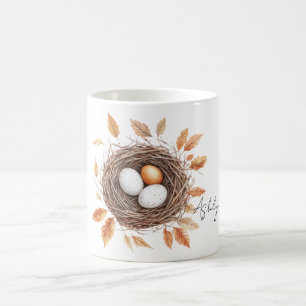 Caneca De Café Ninho de Pássaro com Folhas Laranjas e Ovos
