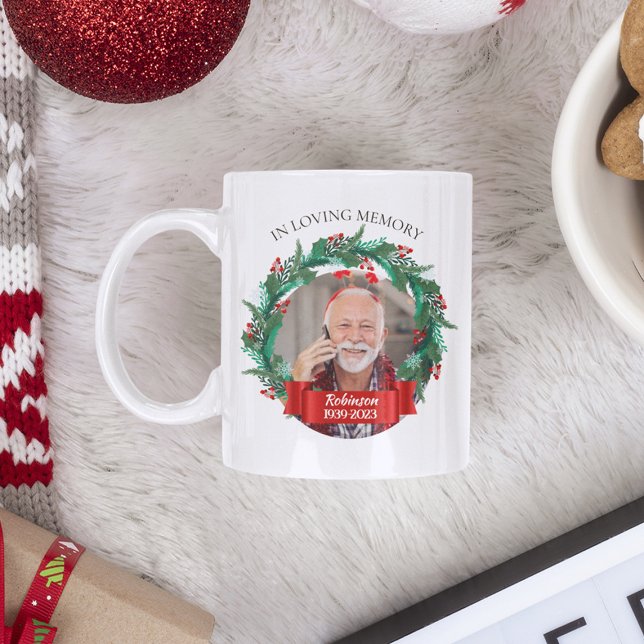 Caneca De Café No Loving Memory Christmas Wreath Grandpa Photo (Criador carregado)