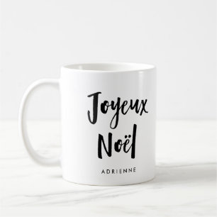 Caneca De Café Noel de Joyeux  Script manuscrito preto-e-branco