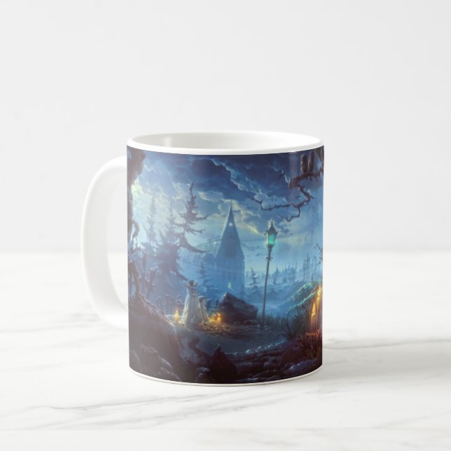 Caneca De Café Noite Assustadora de Halloween com Jack-O-Lantern  (Frente Esquerda)