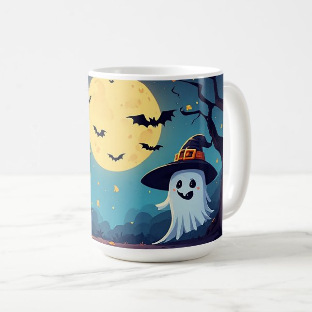 Caneca De Café Noite do Jack O Lantern com Fantasma 🎃 (Frente Esquerda)