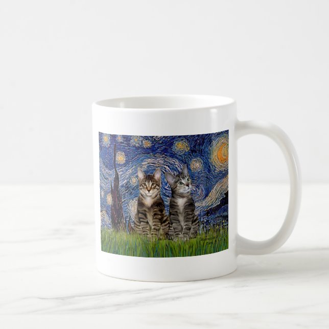 Caneca De Café Noite Estrelada - Dois Gatos Tigres Tabby (Direita)