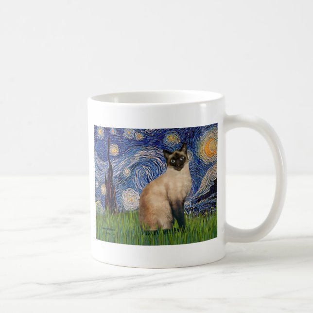 Caneca De Café Noite Estrelada - gato Siamês de pontas seladas (Direita)