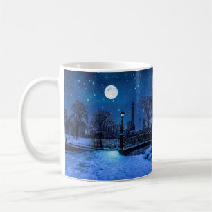 Caneca De Café Noite mágica de inverno com céu estrelado e lua de