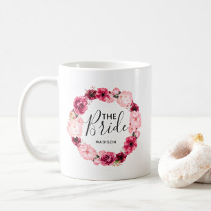Caneca De Café Noiva Coroa Floral Burgundy Chic e Rosa