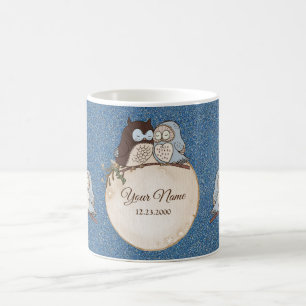 Caneca De Café Noiva Coruja Marrom Azul Brilho Bonito