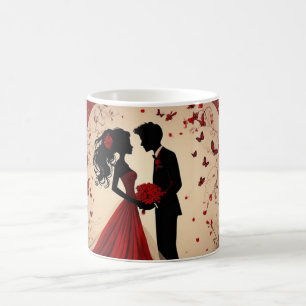 Caneca De Café Noiva e Noivo em Silhueta de Casamento Vermelho Ro