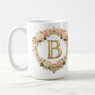 Caneca De Café Noiva Floral Monograma Letra B Rosa Dourado Rosado