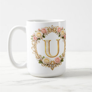 Caneca De Café Noiva Rosa Dourado Floral Monograma Letra U Casame