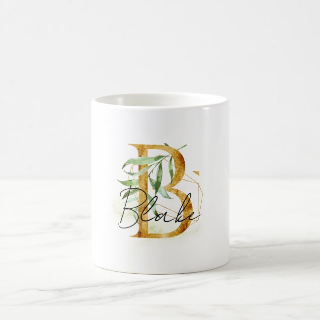 Caneca De Café Nome B Dourado Folhas Verdes (Centro)