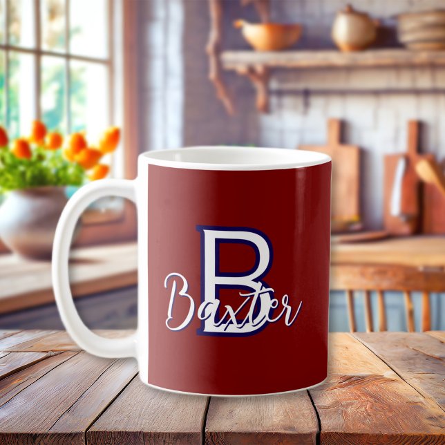 Caneca De Café Nome branco vermelho e azul e monograma personaliz (Red White & Blue Name and Monogram Personalized Coffee Mug
)