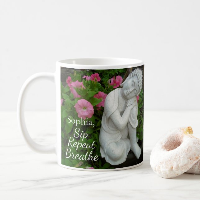 Caneca De Café Nome Buddha Zen Personalizado Sip Breathe Repeat (Com Donut)