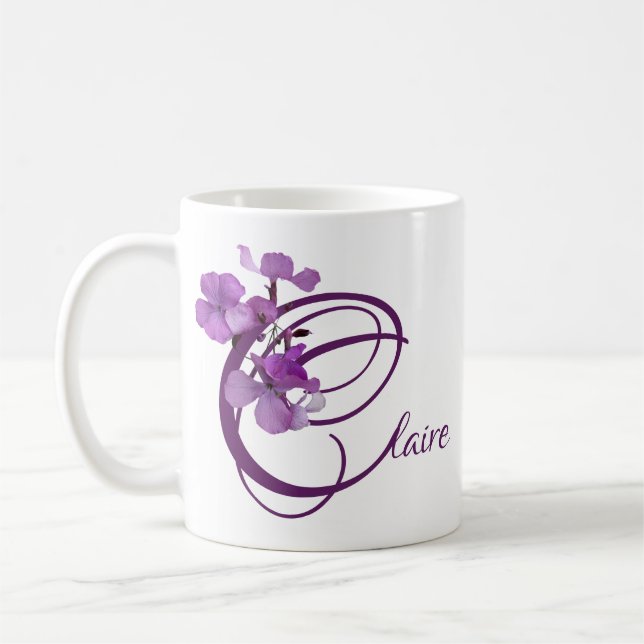 Caneca De Café Nome Claire personalizável bonito púrpura floral f (Esquerda)