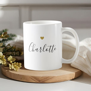 Caneca De Café Nome com Caligrafia Moderna e Coração Dourado