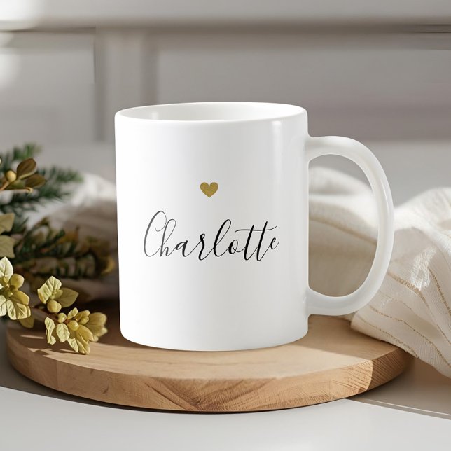 Caneca De Café Nome com Caligrafia Moderna e Coração Dourado (Criador carregado)