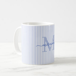 Caneca De Café Nome com Monograma de Listra Azul Moderna