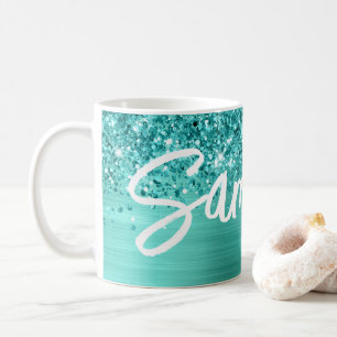 Caneca De Café Nome da Escrita à Mão Glam Turquesa Brilhante