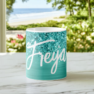 Caneca De Café Nome da Escrita à Mão Glam Turquesa Brilhante