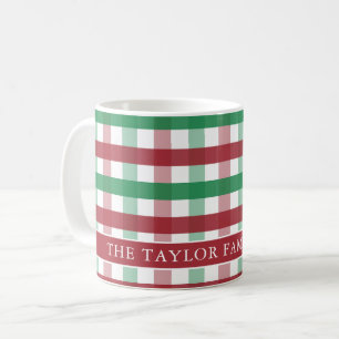 Caneca De Café Nome da Família em Xadrez de Ginga Vermelho e Verd