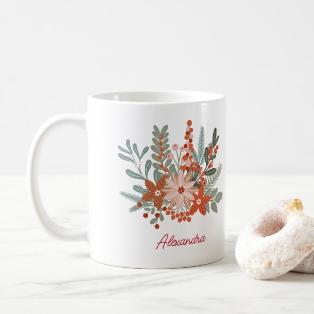 Caneca De Café Nome da Família Feriado de Natal Floral (Com Donut)