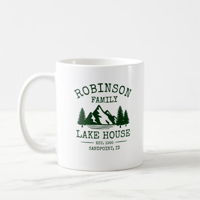 Caneca De Café Nome da família Lago House Floresta Árvores Verdes (Esquerda)