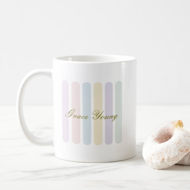 Caneca De Café Nome da Fonte Pastel Vertical Stripes (Com Donut)