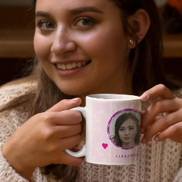 Caneca De Café Nome da foto da família de Natal rosa personalizad
