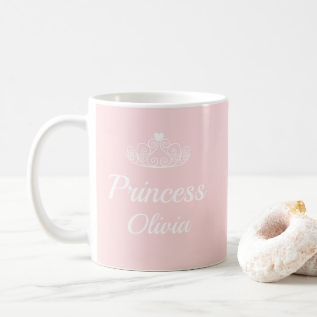Caneca De Café Nome da Princesa Rosa-Rosa com Tiara Personalizáve (Com Donut)