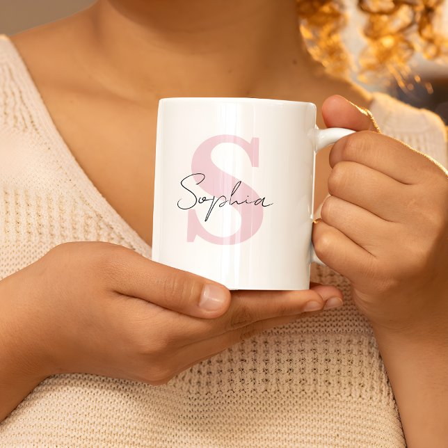 Caneca De Café Nome da Script com Monograma Pessoalizado Rosa (Criador carregado)