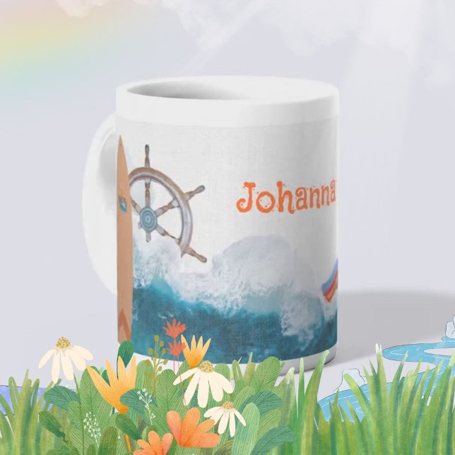 Caneca De Café Nome das Crianças Unicórnio Náutico Arco-íris  (Rainbow Unicorn Ocean Theme with Name Coffee Mug ©Susanne Sachers - Sunny Mind 🌞)