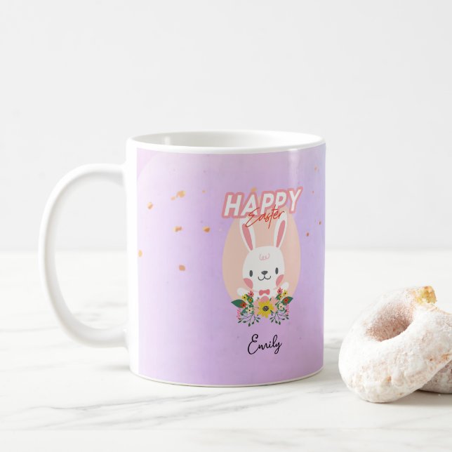 Caneca De Café Nome das Flores de Coelhinho felz pascoa (Com Donut)