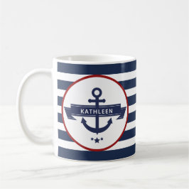 Caneca De Café Nome de Âncora Náutica Listras Azul-Marinho