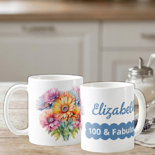 Caneca De Café nome de aniversário de 100 anos gerbera flores azu